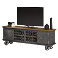 Industrial Style Gray Metal Dresser With Wooden Top TV Lattice Doors And Wheels