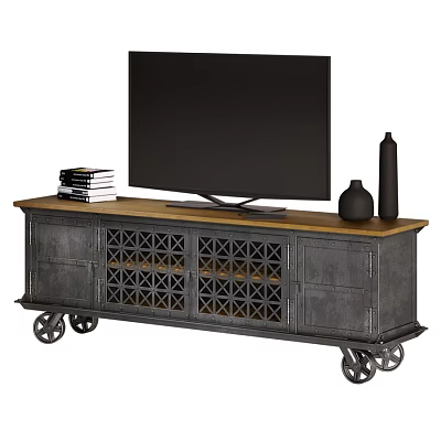 Industrial Style Gray Metal Dresser With Wooden Top TV Lattice Doors And Wheels 3d model