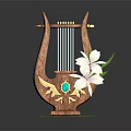 Decorative Commercial Equipment Wooden Lyre With Golden Decorations Green Gemstone White Flowers And Sparkling Effect