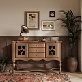 Vintage Wooden Entryway Cabinet Sideboard With Drawers Glass Doors Gramophone Radio Decorative Paintings Green Plant