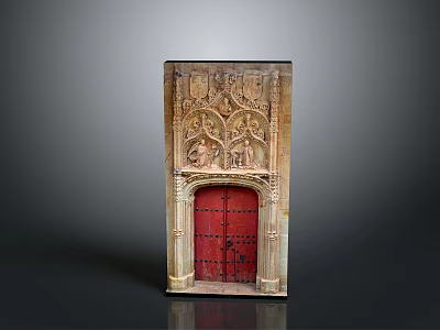 Ornate Architectural Facade Featuring Intricate Carved Details And Red Wooden Door 3d model