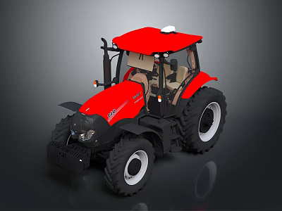 Red Tractor Agricultural Vehicle With Large Black Wheels Cabin Windshield And Beige Seats 3d model