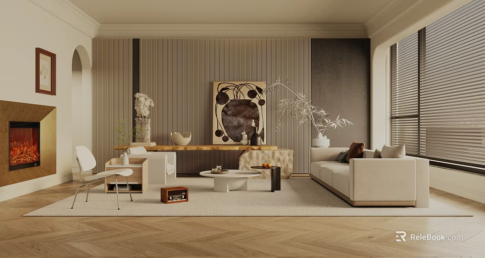Modern Living and Dining Area Design With Open Concept Beige Sofa Wooden Flooring And Artwork 3d model 