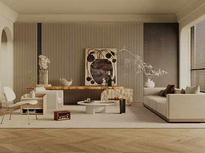 Modern Living and Dining Area Design With Open Concept Beige Sofa Wooden Flooring And Artwork 3d model