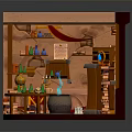 Cartoon Magical Wizard Workshop Interior With Wooden Shelves Books Bottles And Glowing Potion Cauldrons