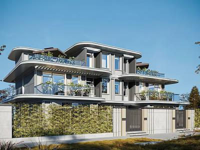 Modern Detached Villa Exterior Design With Balconies Greenery And Glass Windows 3d model