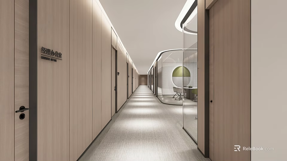 Modern Office Corridor Interior Design With Wooden Walls Glass Partitions And Carpeted Floor 3d model 
