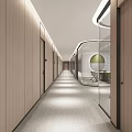 Modern Office Corridor Interior Design With Wooden Walls Glass Partitions And Carpeted Floor