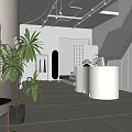 Modern Reception Area With Curved Lines Green Plants Mirrors Staircase And Soft Lighting