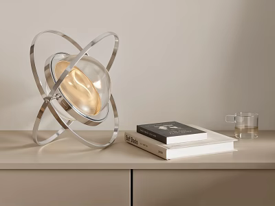 Modern Orbital Design Table Lamp With Metal Frame And Glass Globe On Tabletop With Books 3d model