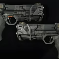 Futuristic Tactical Handgun With Black Mechanical Design Orange Accents And Ergonomic Grip