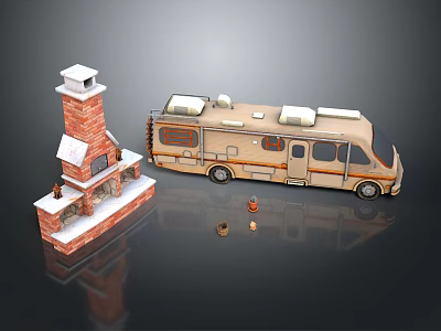 Camper Van With Brick Fireplace And Small Decorative Items On Glossy Surface 3d model