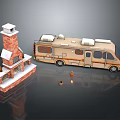 Camper Van With Brick Fireplace And Small Decorative Items On Glossy Surface 3d model
