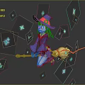 Game Movie Character Witch Riding Broomstick In Blue Outfit With Red Accent And Blue Stars