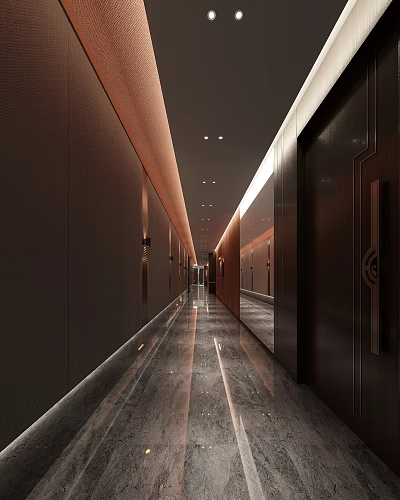 Modern Elegant Elevator Hallway With Dark Walls Mirrored Surfaces Marble Flooring And Lighting Strips 3d model