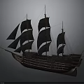 Vintage Wooden Sailing Ship With Multiple Black Sails And Classic Design