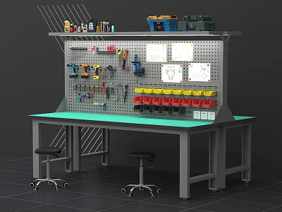 Functional Workshop Workbench with Green Countertop Pegboard Tools Storage Bins and Stools 3d model
