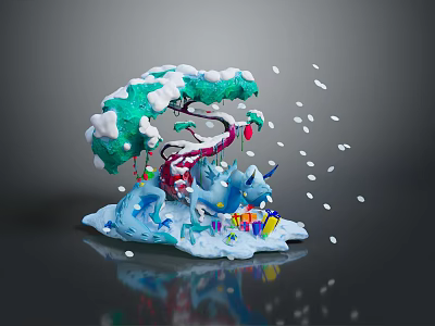 Festive Green Plant Decorated With Snow Red Ornaments Blue Figurines Gift Boxes And Falling Snowflakes 3d model