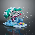 Festive Green Plant Decorated With Snow Red Ornaments Blue Figurines Gift Boxes And Falling Snowflakes