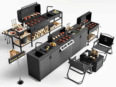 Black Metal Outdoor Cooking Equipment with Grill Food Storage Cabinets and Chairs 3d model