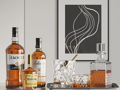 Stylish Liquor Bottles and Crystal Glasses with Ice on Tray Modern Decor Setting 3d model