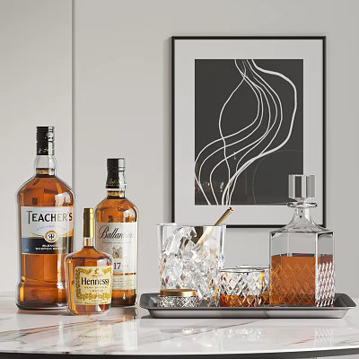 Stylish Liquor Bottles and Crystal Glasses with Ice on Tray Modern Decor Setting 3d model