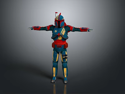 3D Armored Sci Fi Warrior Character With Blue Red Armor And Stretched Arms Pose 3d model