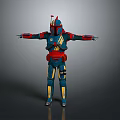 3D Armored Sci Fi Warrior Character With Blue Red Armor And Stretched Arms Pose