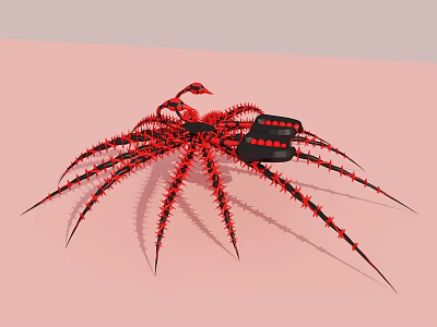 Red and Black Reptile with Spiked Body and Black Object on Pink Surface 3d model