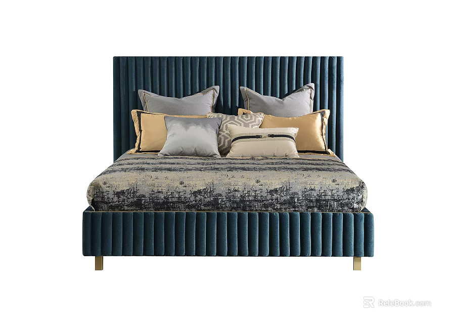 Elegant Double Bed With Dark Blue Tufted Headboard Golden Legs And Patterned Bedspread 3d model