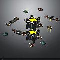Mechanical Characters With Central Black Yellow Structure And Surrounding Colorful Small Creatures