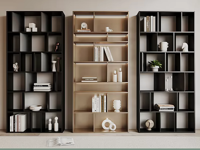 Black and Beige Modern Shelving Units with Multiple Compartments Holding Books Decorative Items and Ornaments 3d model