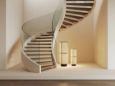 Modern Spiral Staircase With Wooden Steps And Glass Railing In Interior Design With Floor Lamps 3d model