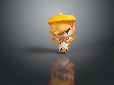 Cute Winged Cartoon Character With Yellow Hat Blonde Hair Blue Eyes And Orange White Outfit 3d model
