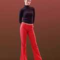 Woman in Black Turtleneck Top and Red Pants Standing Against Red Background