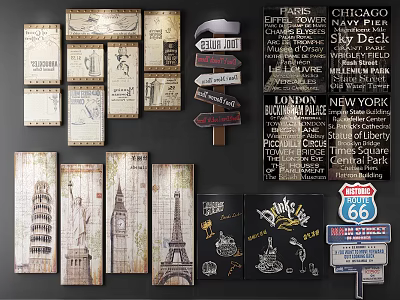 Vintage Landscape Wall Art Featuring City Landmarks And Route 66 Signs 3d model