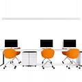 Modern Office Desk Workstation With Multiple Computer Monitors And Orange Task Chairs 3d model