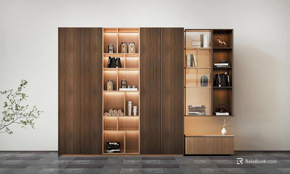 Modern Wooden Decorative Cabinet With Glass Doors Layered Lighting And Stylish Storage For Display Items 3d model 