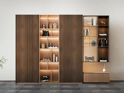 Modern Wooden Decorative Cabinet With Glass Doors Layered Lighting And Stylish Storage For Display Items 3d model