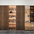 Modern Wooden Decorative Cabinet With Glass Doors Layered Lighting And Stylish Storage For Display Items
