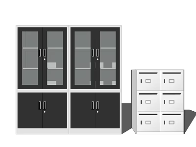 Modern White Frame Bookcase With Glass Door Compartments And Black Closed Cabinets 3d model