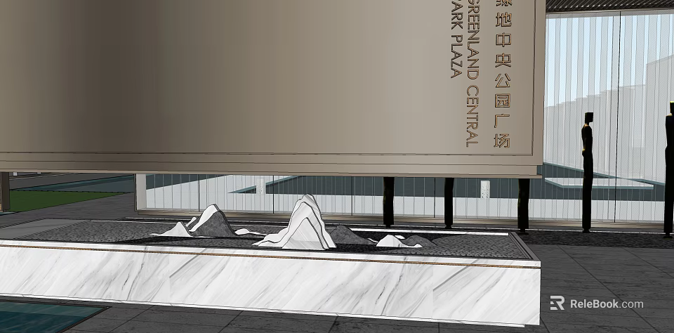 Modern Landscape Wall Design With Marble Base And Rock Formation At Central Park Plaza 3d model 