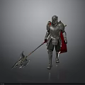 Man in Silver Armor Holding Battle Axe With Red Cape Standing