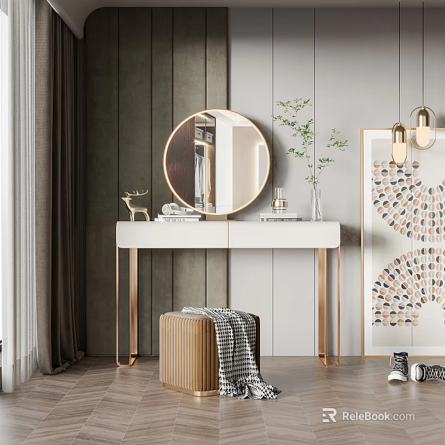 Elegant Modern Dressing Table Interior Design With Round Mirror Golden Legs And Stool 3d model