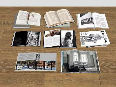 Open Books and Magazines with Black and White Photos and Interior Images on Wooden Floor 3d model