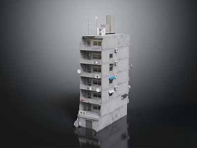 Gray Multi Story Building With Balconies Air Conditioners And Roof Equipment 3d model