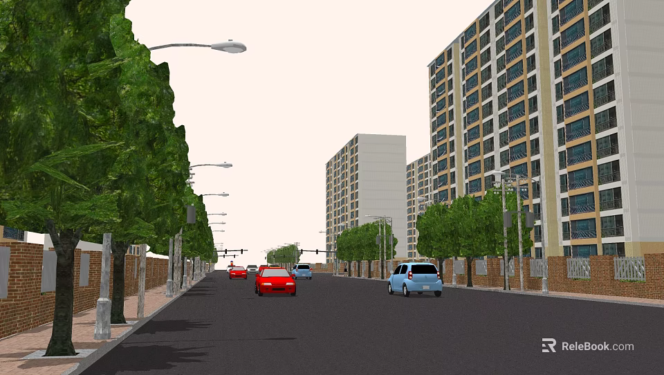 Municipal Road with High Rise Buildings Trees Street Lamps and Vehicles 3d model 