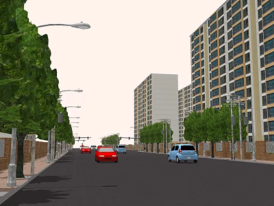 Municipal Road with High Rise Buildings Trees Street Lamps and Vehicles 3d model