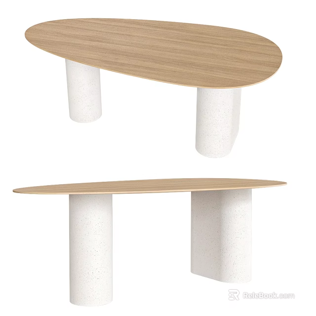 Modern Oval Dining Table With Wooden Tabletop And White Cylindrical Legs 3d model 
