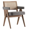 Modern Wooden Dining Chair With Rattan Backrest And Gray Upholstered Seat